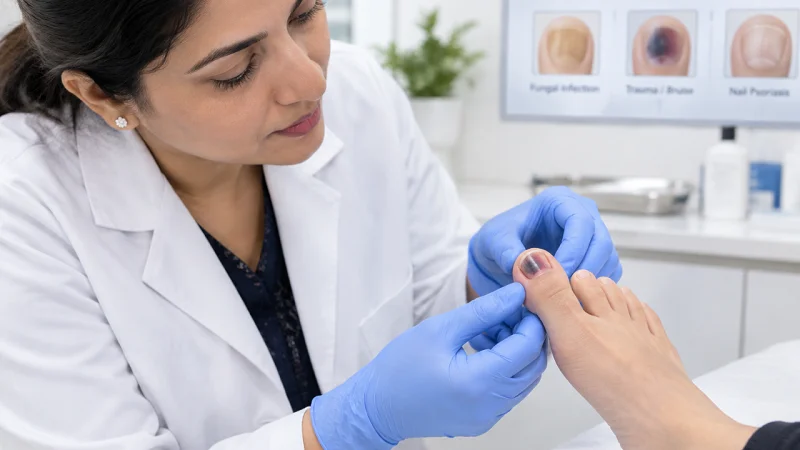 black toenail examined by a dermatologist